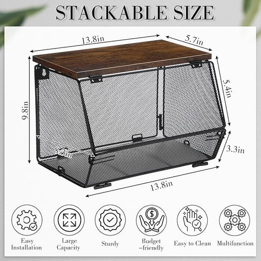 2 Pcs Stackable Mesh Fruit Basket with Lid Wall Produce Vegetable Storage Basket Onion Potato Snack Hanging Metal Wire Container for Kitchen Counter Pantry(Non-removable,Black,8.3"w & 13.8"l)