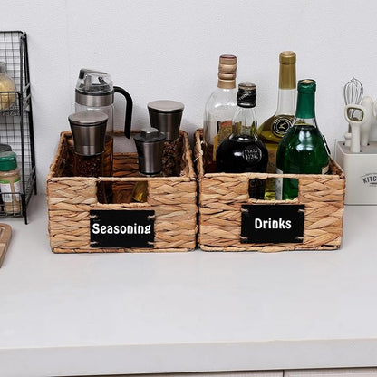 Set of 2 Water Hyacinth Storage Baskets 11x9x4.9inch Collapsible Wicker basket with Chalkboard Labels and Chalk Marker Rectangular Woven Storage Bin Organizers for Kitchen Shelves