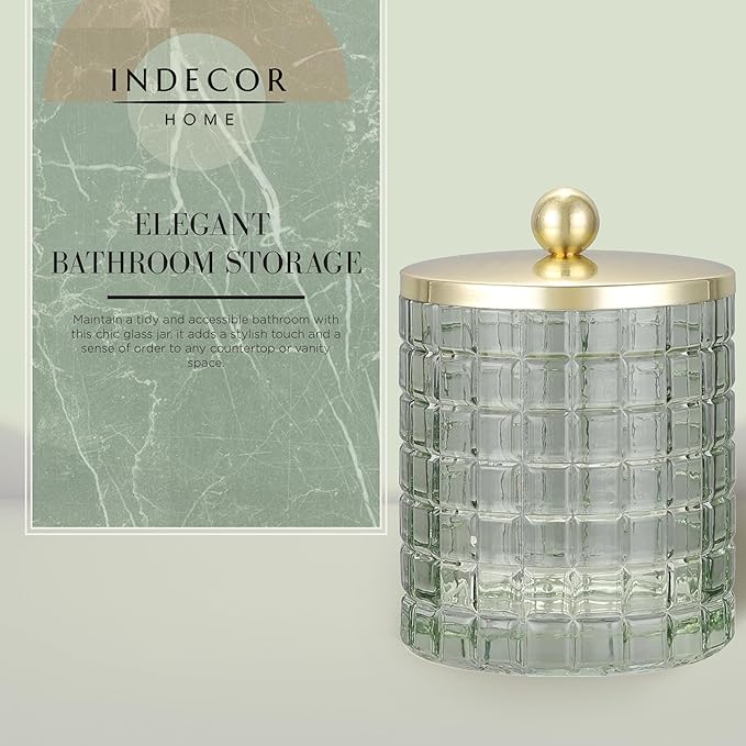 Indecor Home Sage Colored Tranlucent Apothecary Etched Geometric Grid Glass Jar W/Gold Metal Lid Cover for Bathroom Organization, Cotton Balls, Q Tips, and Small Accessories, Bathroom Storage