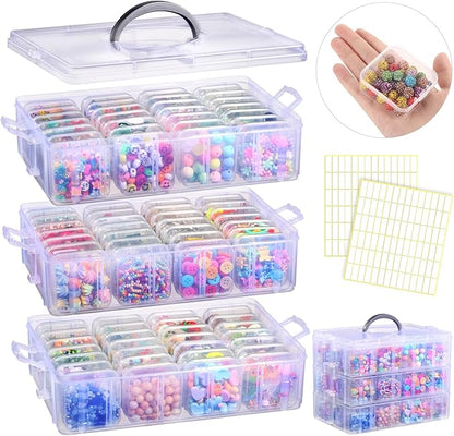 Bead Organizer Box, 84pcs Small Plastic Containers with Lids and Labels, 3-Tier Stackable Storage Box, Mini Clear Bead Storage Boxes for Jewelry Craft Diamonds Beads DIY Nail Screw Small Parts