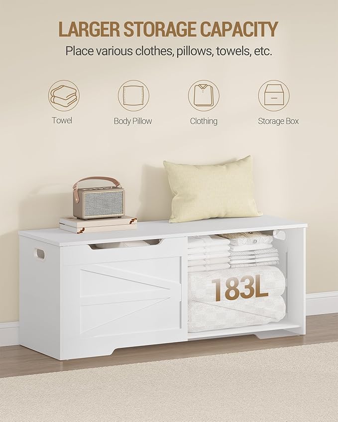 47.2" Storage Chest, Extra Large Storage Trunk with 2 Hinges, Wooden Box Bench, Lift-Top Organizer Chest, Shoe Bench for Entryway, Bedroom, Living Room, White SB13403X
