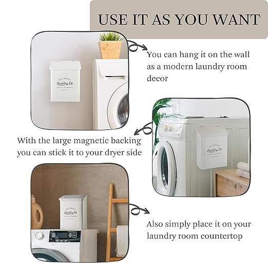 Magnetic Lint Bin for Laundry Room, Metal Trash Can with Lid for Dryer, Farmhouse Lint Holder, Laundry Co Sign, Laundry Room Storage Decor with Dryer Lint Brush (White-Dryer Ball Set)