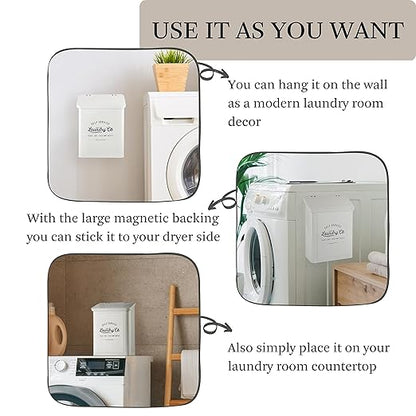 Magnetic Lint Bin for Laundry Room, Metal Trash Can with Lid for Dryer, Farmhouse Lint Holder, Laundry Co Sign, Laundry Room Storage Decor with Dryer Lint Brush (White-Dryer Ball Set)