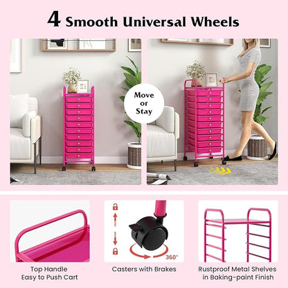 Storage Cart, Rolling Utility Cart with 10 Drawers, Portable Handles & Lockable Wheels, Mobile Paper Toys Storage Organizer Large Capacity for Home Office School Teacher (Hot Pink)