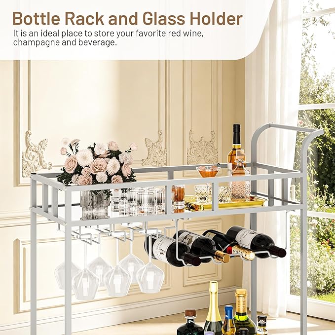 TrailBlaze Silver Mirrored 2-Tier Bar Cart with Wheels – Portable Beverage & Wine Serving Trolley, 4 Bottle Racks & 3 Glass Holders – Modern Metal Design for Home, Kitchen, Dining, Living Room