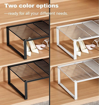 Multi-Functional Adjustable Metal Wire Shoe Rack Organizer - Stackable Shoe Storage for Closet, Extendable 15-24.4in, Retractable Entryway Shoe Cabinet Shelf (White, 2 Pack)