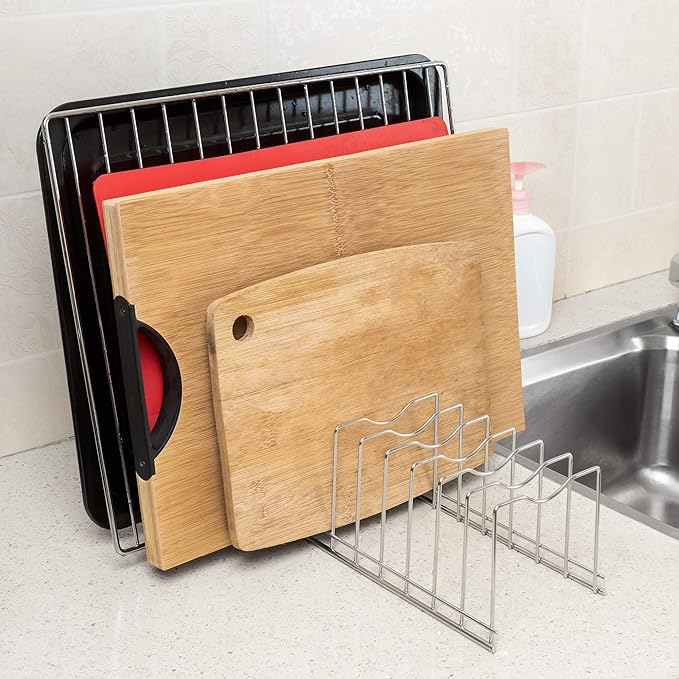 Slideep Pot Pan Lid Holder Rack Organizer, Kitchen Dish Plate Storage Organizer Drying Rack, Bakeware Pot Lid Rack Holder Organizer, Pantry and Cabinet Holder,Set of 2
