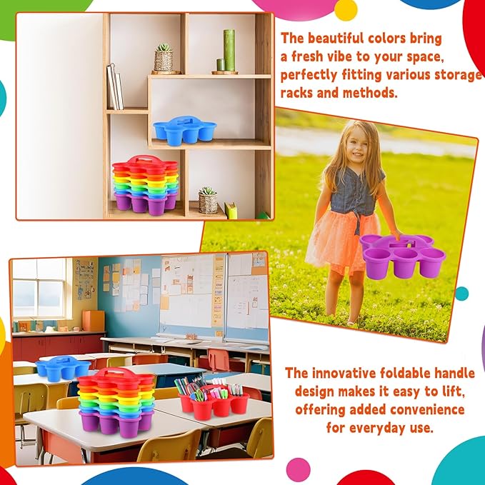 6 Pack Classroom Caddy Organizer with Handle Colorful Plastic Table Caddy Drink Cup Caddies Holder 12×9×3.5 Inches Storage School Supplies 6 Compartments for Table Crayon Pencil Cup Marker Craft