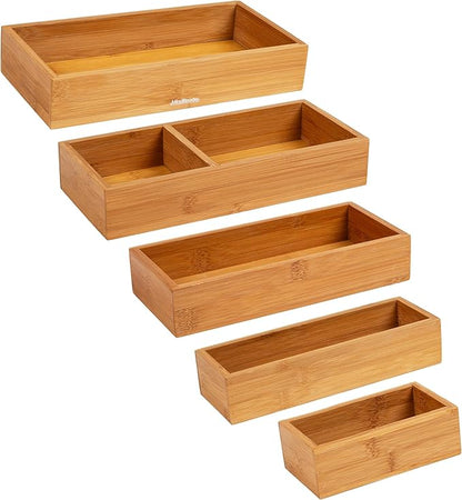 Mind Reader 7-Piece Bamboo Drawer Organizer Set, Storage Trays for Kitchen, Bathroom, Office, Makeup, Jewelry & More, Utensil Holder, Rayon from Bamboo, 21"L x 13.875"W x 2.375"H, Brown