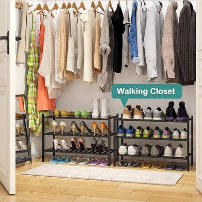 3-Tier Black Bamboo Shoe Rack for Entryway, Stackable | Foldable | Natural, Shoe Shelf Storage Organizer for Hallway Closet, Free Standing Shoe Racks for Indoor Outdoor