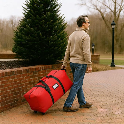 7.5 ft Christmas Tree Storage Bag, Heavy Duty Rolling Xmas Tree Bag with Reinforced Handles and Wheels, Large Storage Container for Trees and Decorations, Red