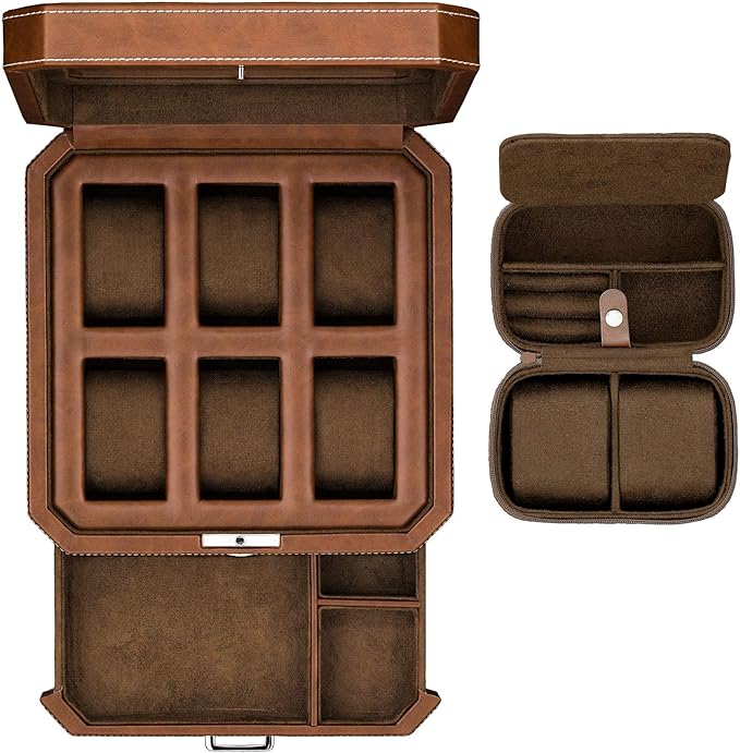 Gift Set 6 Slot Leather Watch Box with Valet Drawer - Luxury Watch Case Display Organizer, Microsuede Liner, Locking Jewelry Box, Mens Storage Boxes Holder Large Glass Top (Tan/Brown Gift Set)
