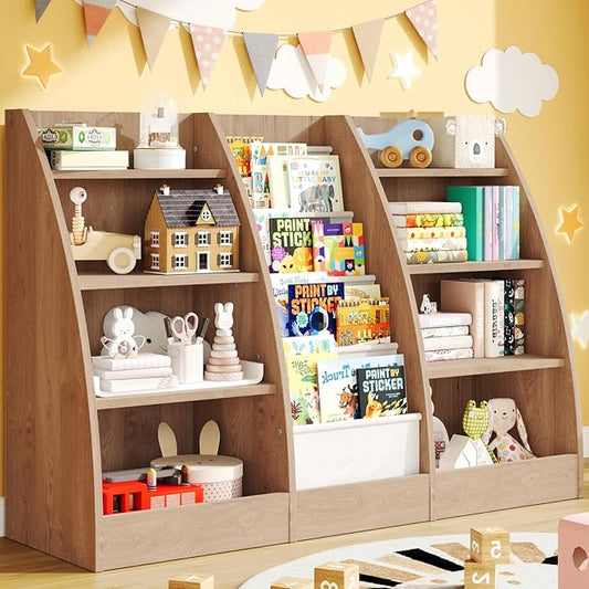 4 Tier Kids Bookshelf, 4 Layer Sling Kid Book Shelf for Kids Rooms, XXL Wood Children Bookcase,Baby Storage Book Rack,Toddler Bookshelfs, Book and Toy Organizer,Books Display Shelf Burlywood