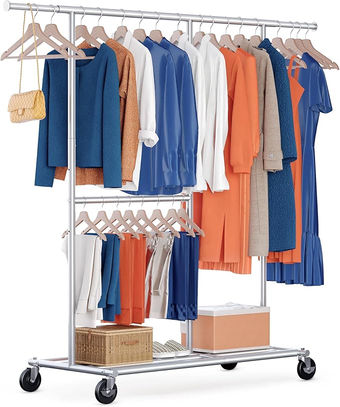 HOKEEPER Clothes Rack, Clothing Rack for Hanging Clothes Heavy Duty Garment Rack with Wheels Commercial Portable Freestanding Closet Rack with Shelves for Bedroom, Living Room, Laundry, Balcony, White