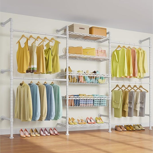 Timate X3i Garment Rack for Hanging Clothes Load 980lbs, Expandable Wall Mounted Closet System with Baskets Industrial Pipe Heavy Duty Clothes Rack Walk in Closet, Adjustable from 5'10" to 8'3", White