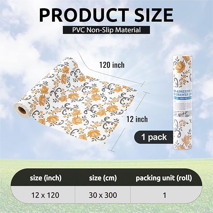 FIFTY FEET 12X120 Inch Shelf Liner for Kitchen Cabinets, PVC Drawer Liner for Dresser Non-Slip Bathroom, Non-Adhesive Cabinet Liner Washable (Yellow Floral)(1 Roll)