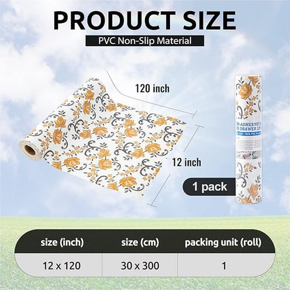 FIFTY FEET 12X120 Inch Shelf Liner for Kitchen Cabinets, PVC Drawer Liner for Dresser Non-Slip Bathroom, Non-Adhesive Cabinet Liner Washable (Yellow Floral)(1 Roll)