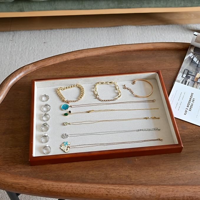 Elegant Wood Flat Jewelry Tray – 14"x9.5" Velvet Lined Display Organizer for Rings, Bracelets, Necklaces – Classic Wooden Storage for Vanity, Dresser, Countertop, White&Brown