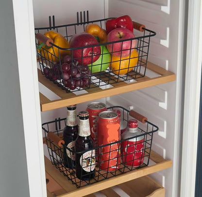 Wire Kitchen Storage Basket 2 Packs,Perfect Pantry Organization Accessories Baskets,Laundry Basket,With a Wooden handle,Suitable for Kitchen,Bathroom,Bedroom,Tabletop,Stackable,Black