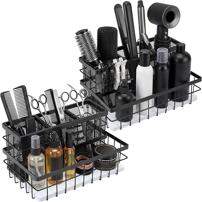 AceOrbit 2 Pcs Hair Tool Organizer Countertop Breathable Metal & Bamboo Hot Tools Organizer Under Sink Bathroom Hair Dryer Holder Countertop Brush Comb Holder,makeup tray (White Bamboo,Black)