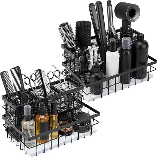 AceOrbit 2 Pcs Hair Tool Organizer Countertop Breathable Metal & Bamboo Hot Tools Organizer Under Sink Bathroom Hair Dryer Holder Countertop Brush Comb Holder,makeup tray (White Bamboo,Black)