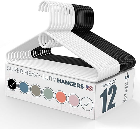 Neaties Super Heavy Duty Clothes Hangers 12 Pack – Made in The USA - 10lb Capacity, Thick Plastic Hangers for Pants, Coats, Jackets, Jeans and Adult Clothing – White & Black