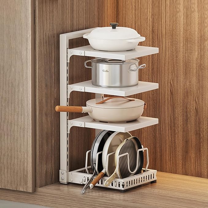 Dxcaicc Adjustable Pot Organizer Rack for Under Cabinet, Heavy Duty Storage Holder for Pots, Pans, and Lids, Space-Saving Kitchen Shelf Organizer,White,Fourth Layer