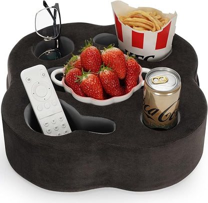 Couch Cup Holder Pillow, Sofa Organizer Caddy Bed Refreshment Tray for Drinks, Remotes, Phones, Snacks (Soot)