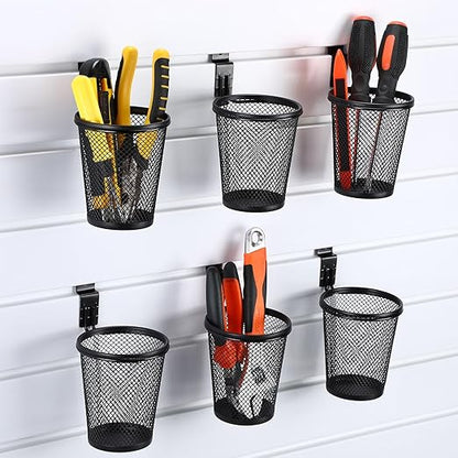 6 Set Slatwall Cups with Hook Loops, Mesh Steel Slatwall Tool Holder Bin Cups Pencil Holder Metal Slat Wall Organizer Accesories for Craft Garage Workshop Office Storage(Medium,Black)