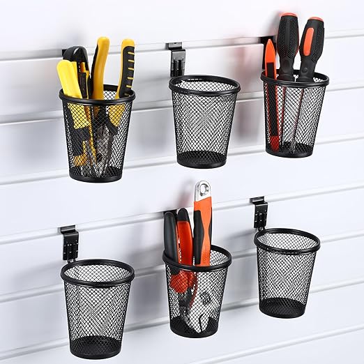 6 Set Slatwall Cups with Hook Loops, Mesh Steel Slatwall Tool Holder Bin Cups Pencil Holder Metal Slat Wall Organizer Accesories for Craft Garage Workshop Office Storage(Medium,Black)