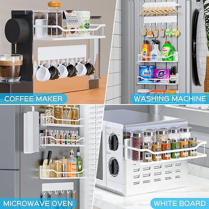 5 Pack Magnetic Shelves for Washing Machine & Refrigerator, Paper towel holder, Movable Powerful Magnetic Spice Racks with Unique Hollow Design, for Laundry Room and Kitchen Organization (White)