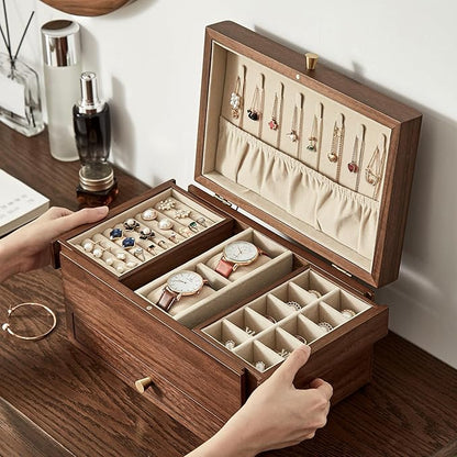 CHOSIN Black Walnut Wooden Jewelry Box for Women, 3 Level Multi-functional Drawer Organizer Box Watch Necklace Ring Earring Storage Christmas Gifts