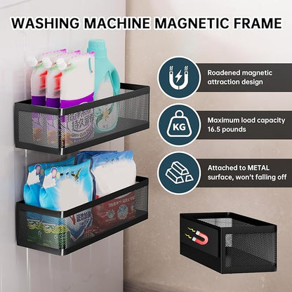 2-Pack Laundry Room Organization, Magnetic Shelves with Tall Guardrails to Prevent Falling - Strong Magnet Organizer for Washing Machine, Refrigerator, Kitchen & Pantry