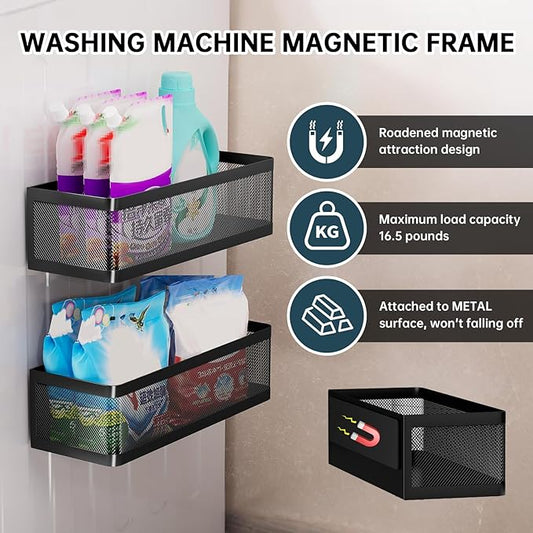 2-Pack Laundry Room Organization, Magnetic Shelves with Tall Guardrails to Prevent Falling - Strong Magnet Organizer for Washing Machine, Refrigerator, Kitchen & Pantry