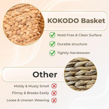 KOKODO Pack of 2 Large 15"L x 11"W Wicker Storage Baskets with Chalkboard, Stylish and Durable Water Hyacinth Rectangle Handwoven Basket Bin with Metal Frame & Handle for Room Organizing