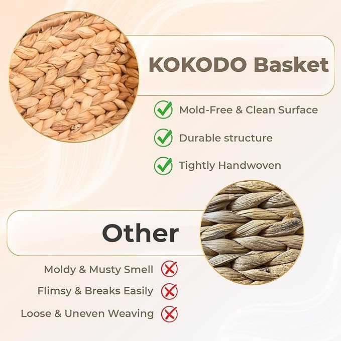KOKODO 15"Lx11"W Large Rectangular Water Hyacinth Wicker Storage Baskets with Handles and Metal Frame, Stylish and Durable Handwoven Bin for Space-saving Room Organizing or Decorative Wicker Basket
