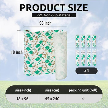 18X96 Inch Shelf Liner for Kitchen Cabinets, PVC Drawer Liner for Dresser Non-Slip Bathroom, Non-Adhesive Cabinet Liner Washable (Green Floral)(4 Roll)