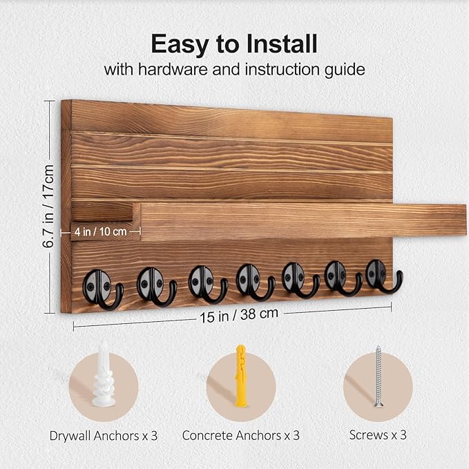 Key Holder Wall Mount, Entryway Key and Mail Holder with 7 Sturdy Hooks for Sunglasses, Dog Leash, Decorative Wall Shelf with Mounting Hardware, 15”W x 6.7”H x 4.2”D