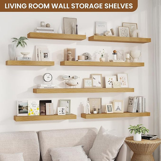fuqing Floating Shelves for Wall, Wall Mounted Wood Floating Shelf with Invisible Brackets for Living Room, Bathroom, Bedroom, Kitchen Storage and Decor, 24 Inch Set of 2, Oak