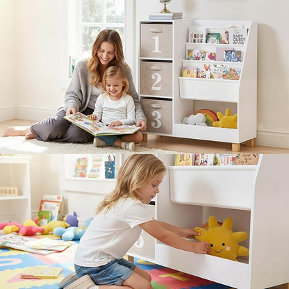 Spirich Kids Bookshelf with Storage Bins, Children Cube Storage Organizer, Montessori 3-Tier Book Display Rack, Book Shelf for Kids Rooms, Playroom, Nursery, White