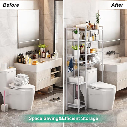 Kalrin 8-Tier Over The Toilet Storage with Side Rack, Over Toilet Storage Rack with Adjustable Shelf & Drain Basket, Freestanding Bathroom Organizer for Balcony, Laundry (Pure White)