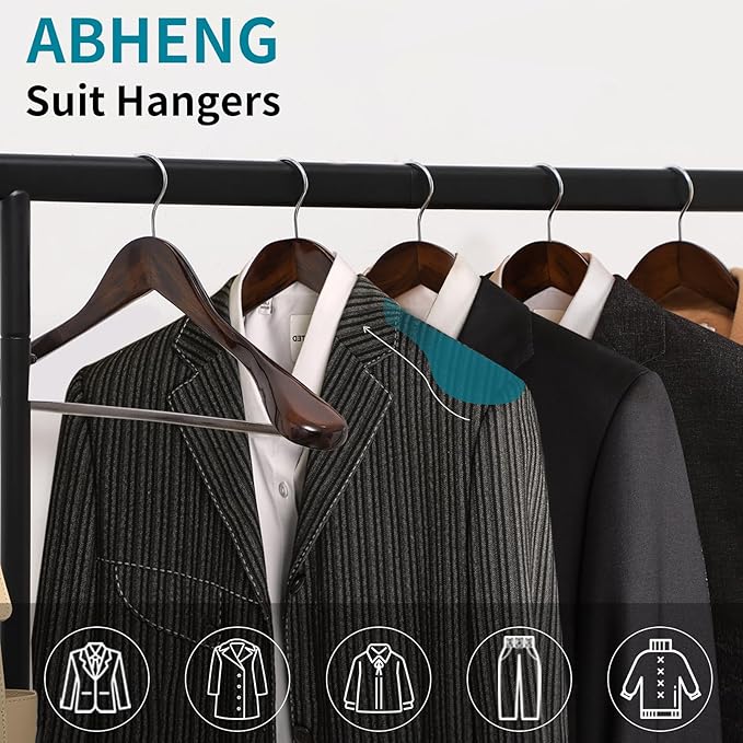 ABHENG Solid Wood Suit Hangers, 10 Pack, Coat Hangers with Non Slip Trouser Bar, 360° Swivel Hook, Heavy Duty Wide Hangers for Suit, Coat, Jacket, Trousers, Pants,17.3" W x 9", Dark Walnut AWY0410H