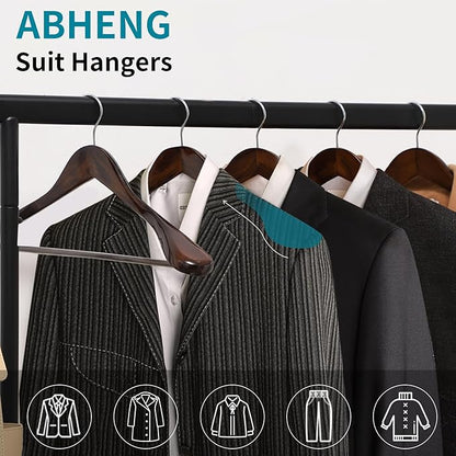 ABHENG Solid Wood Suit Hangers, 10 Pack, Coat Hangers with Non Slip Trouser Bar, 360° Swivel Hook, Heavy Duty Wide Hangers for Suit, Coat, Jacket, Trousers, Pants,17.3" W x 9", Dark Walnut AWY0410H