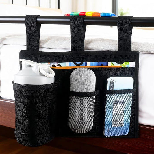 UlifeBetter Hanging Bedside Caddy Bedside Organizer Bunk Bed Storage Bag Hanging Pocket for Camp, Dorms & Hospital Bed Rails More (Black 4 Pockets)