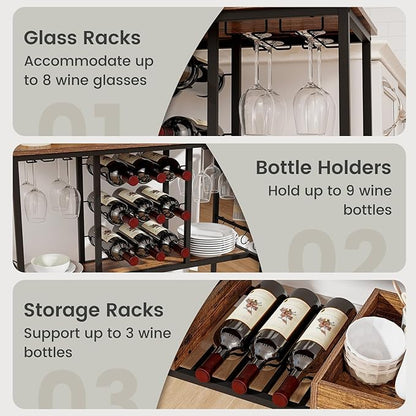 Giantex Bar Cart, 3 Tier Home Serving Cart on Wheels with Handle, Glass Racks, Wine Holders, Hooks & Storage Boxes, Industrial Rolling Beverage Cart for Kitchen, Dining Room, Living Room, Rustic Brown