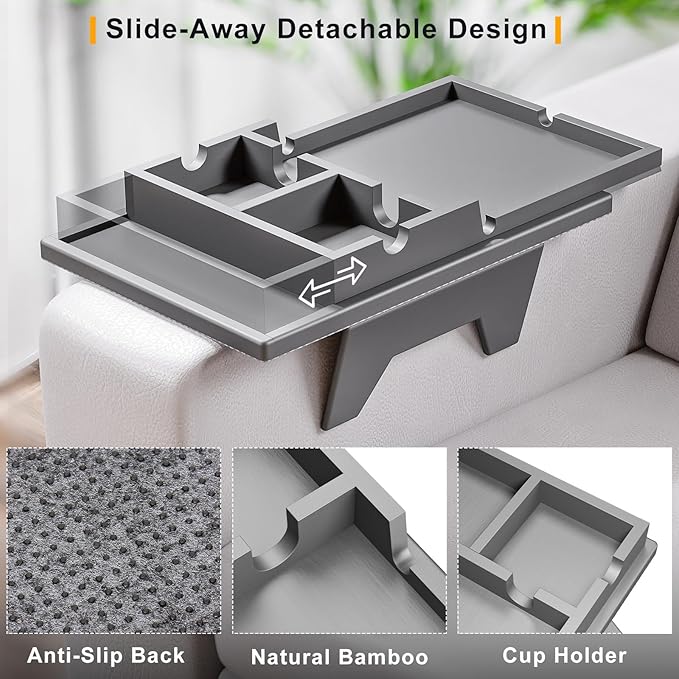 Bamboo Couch Cup Holder Tray - 2 in 1 Couch Armrest Table with Be Slide-Away Detachable Double Holder - Sofa Armchair Caddy for Drinking Snacks iPad TV Remote (Gray)