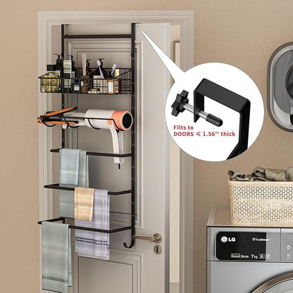 X-cosrack Adjustable Towel Racks for Bathroom Door Hanging, 5 Tiers Over The Door Towel Rack with Hooks, Bathroom Towel Holder Wall Mount for organizing Towels，Clothes