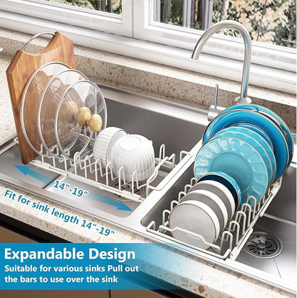 ouimei Sink Dish Drying Rack - Expandable Over Sink (15"-20" Fit), Diatomaceous Earth Tray for No-Drain Drying! Compact Dish Drainer for Small Kitchens, Apartments & RVs (White)