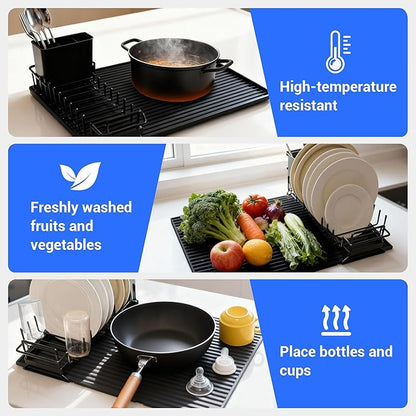 WZGUSXN Dish Drying Rack, Stainless Steel Expandable Over/in Sink & Countertop, Space Saving Collapsible Rust-Proof Rack with Silicone Mat Cutlery Holder for Kitchen/RV/Commercial Use (14.56-18.5" L)
