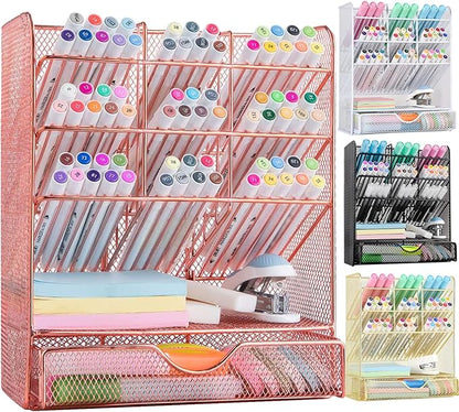 Spacrea Pen Holder Desk Organizer - Desk Organizers and Accessories, Pencil Holder with 10 Compartments and 1 Drawer（Rose Gold）
